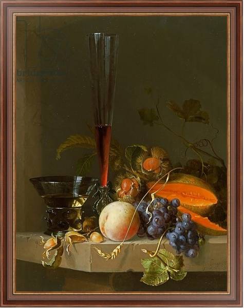 Постер Still life of fruit on a ledge with a roemer and a wine glass с типом исполнения На холсте в раме в багетной раме 35-M719P-83