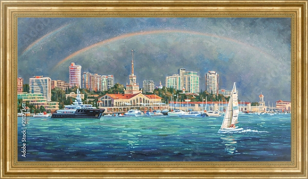 Постер Двойная радуга. Архитектурный пейзаж любимого города Сочи с типом исполнения На холсте в раме в багетной раме NA033.1.051