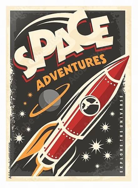 Постер Космические приключения, ретро-постер с космическим кораблем, исследующим вселенную с типом исполнения На холсте в раме в багетной раме 221-03