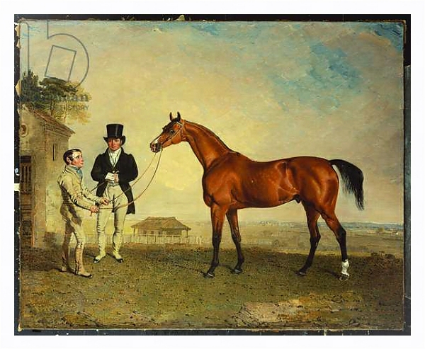 Постер 'Skiff', a bay Racehorse held by a Groom on Newmarket Heath, with John Howe, the owner of the Stables, at his side, 1829 с типом исполнения На холсте в раме в багетной раме 221-03
