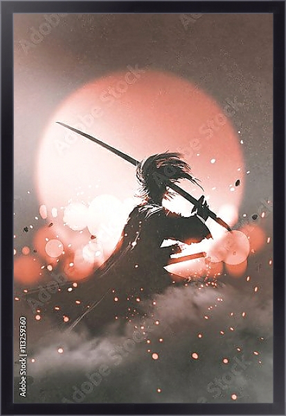 Постер Самурай с мечом, стоящего на фоне заката с типом исполнения На холсте в раме в багетной раме 221-01