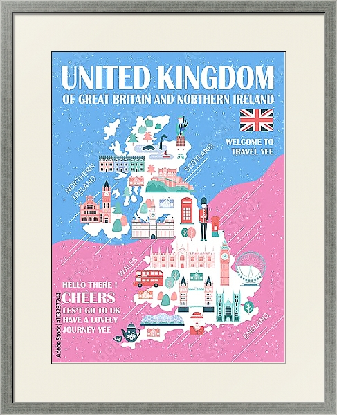Постер Соединенное Королевство, карта путешествий 2 с типом исполнения Под стеклом в багетной раме 1727.2510