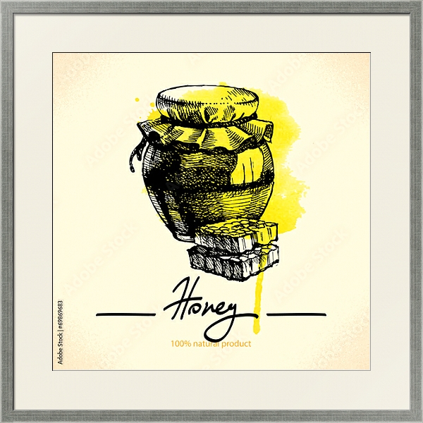 Постер Баночка с медом и сотами на желтой кляксе с типом исполнения Под стеклом в багетной раме 1727.2510