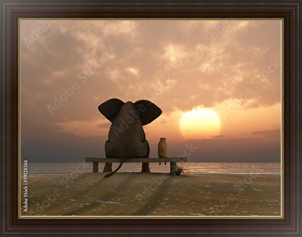 Постер Слон и собака на летнем пляже с типом исполнения На холсте в раме в багетной раме 1.023.151