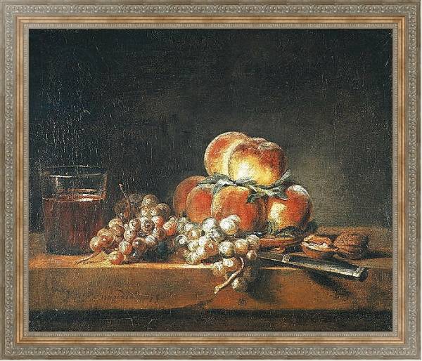 Постер Still Life of Peaches, Nuts, Grapes and a Glass of Wine, 1758 с типом исполнения На холсте в раме в багетной раме 484.M48.310