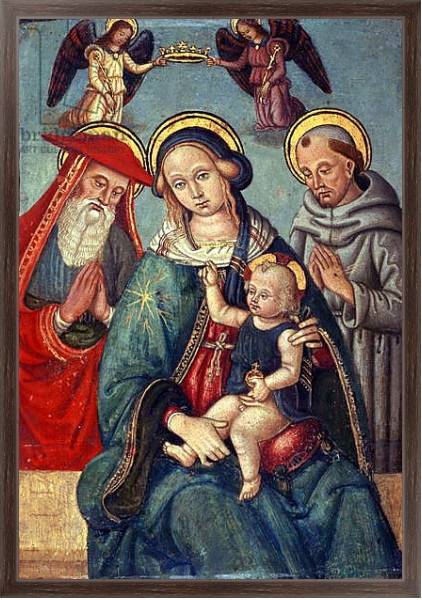Постер Madonna and Child being crowned by two Angels, with St. Jerome and St. Francis, c.1500 с типом исполнения На холсте в раме в багетной раме 221-02