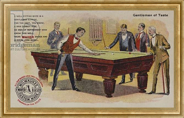 Постер Men playing billiards, American trade card advertising Mayer shoes, Milwaukee, Wisconsin с типом исполнения На холсте в раме в багетной раме NA033.1.051