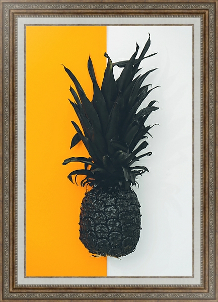 Постер Черный ананас на бело-желтом фоне с типом исполнения На холсте в раме в багетной раме 595.M52.330