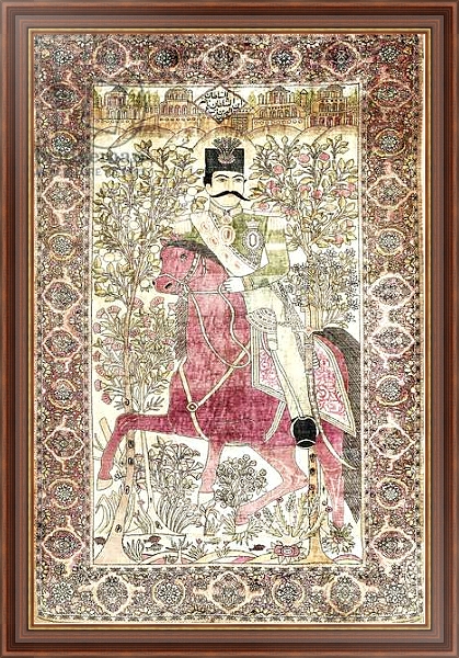 Постер An antique silk Kashan 'mochtasham' pictorial rug, depicting the mounted figure of Naser al-Din Shah, с типом исполнения На холсте в раме в багетной раме 35-M719P-83