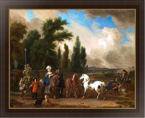 Постер Пейзаж с нарядными людьми, лошадьми и собаками с типом исполнения На холсте в раме в багетной раме 1.023.151