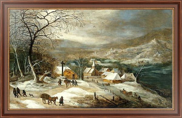 Постер A Winter Landscape, with Figures on a Road by a Village, с типом исполнения На холсте в раме в багетной раме 35-M719P-83