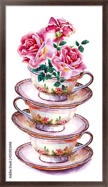 Постер Чашки чая и блюдца с цветами розы с типом исполнения На холсте в раме в багетной раме 221-02