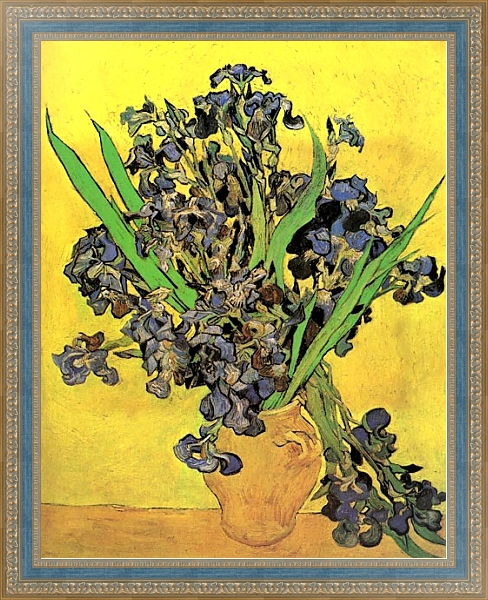Постер Натюрморт: ваза и ирисами на желтом фоне с типом исполнения На холсте в раме в багетной раме 484.M48.685