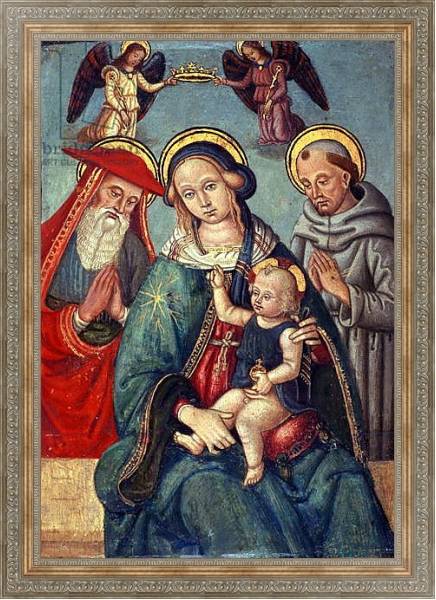 Постер Madonna and Child being crowned by two Angels, with St. Jerome and St. Francis, c.1500 с типом исполнения На холсте в раме в багетной раме 484.M48.310