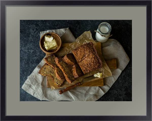 Постер Свежий хлеб, молоко и масло с типом исполнения Под стеклом в багетной раме 221-01