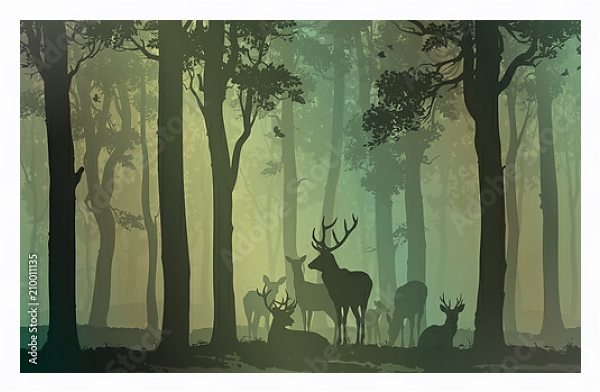 Постер Силуэты оленей в зеленом лесу с типом исполнения На холсте в раме в багетной раме 221-03