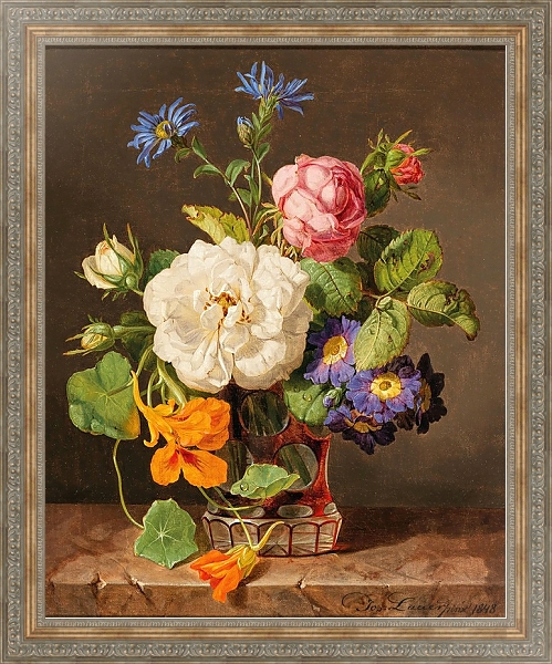 Постер A Bouquet of Flowers with White and Red Roses, Primroses and Nasturtium с типом исполнения На холсте в раме в багетной раме 484.M48.310