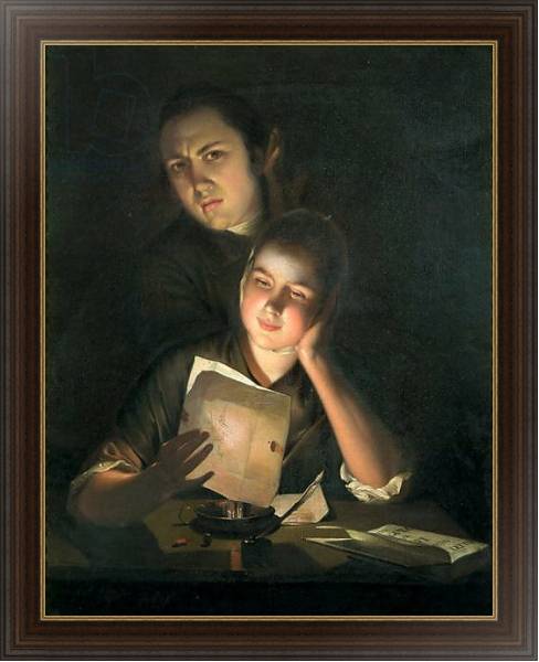 Постер A Girl reading a letter by Candlelight, with a Young Man peering over her shoulder, c.1760-2 с типом исполнения На холсте в раме в багетной раме 1.023.151