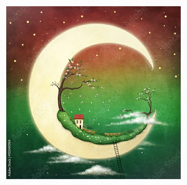 Постер Дом с вишневыми деревьями на луне с типом исполнения На холсте в раме в багетной раме 221-03