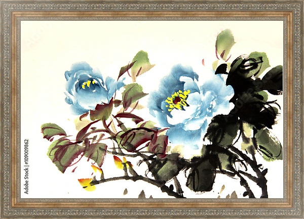 Постер Китайские голубые пионы с типом исполнения На холсте в раме в багетной раме 484.M48.310