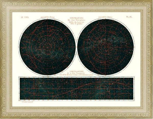 Постер Созвездия двух полушарий (1877) из книги Гийемена, Амеде (1826-1893), небесная карта двух полушарий в ночном небе. с типом исполнения Акварель в раме в багетной раме 484.M48.725