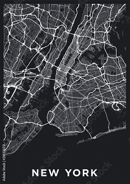Постер Темная карта Нью-Йорка с типом исполнения На холсте без рамы