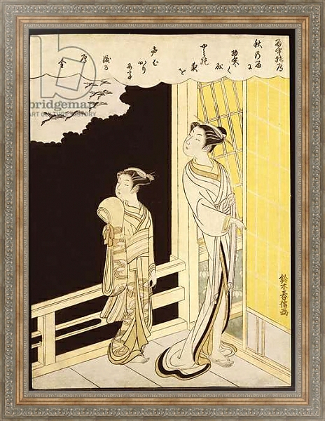 Постер A courtesan and her kamuro on a verandah watching flying geese in the rain с типом исполнения На холсте в раме в багетной раме 484.M48.310