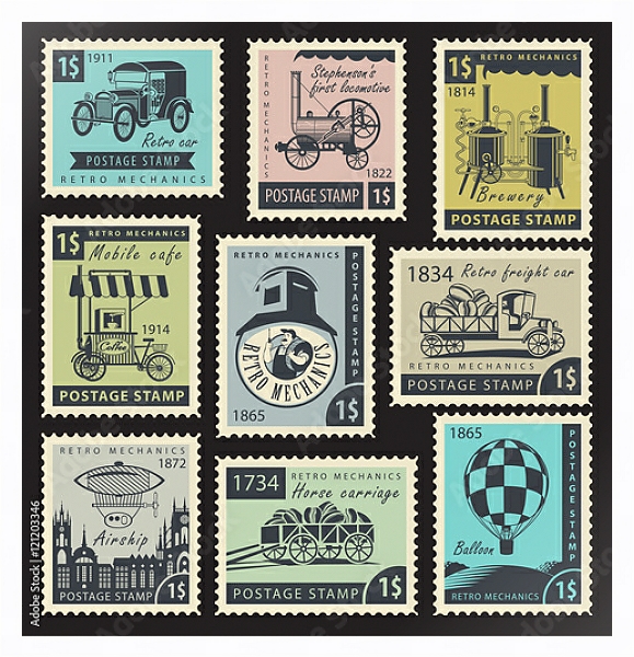 Постер Набор марок на тему ретро-механики с типом исполнения На холсте в раме в багетной раме 221-03