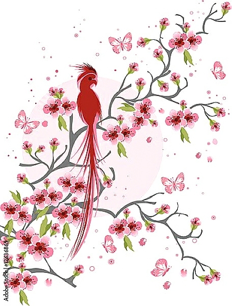 Постер Попугай на ветке цветущей вишни с типом исполнения На холсте без рамы
