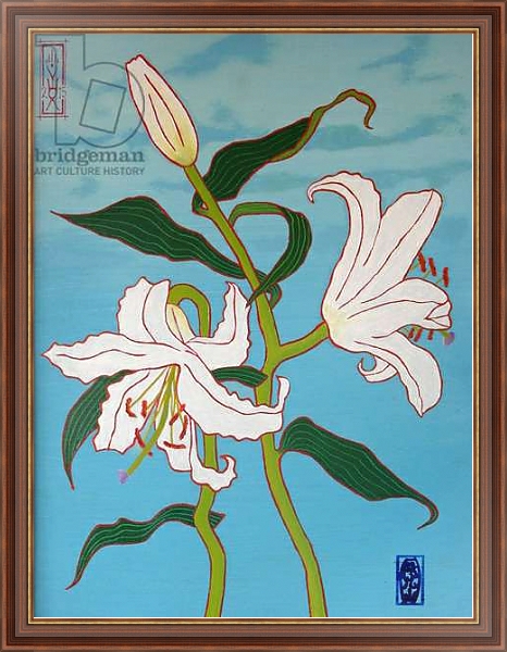 Постер White lily on a blue background, 2010, oil on wood с типом исполнения На холсте в раме в багетной раме 35-M719P-83