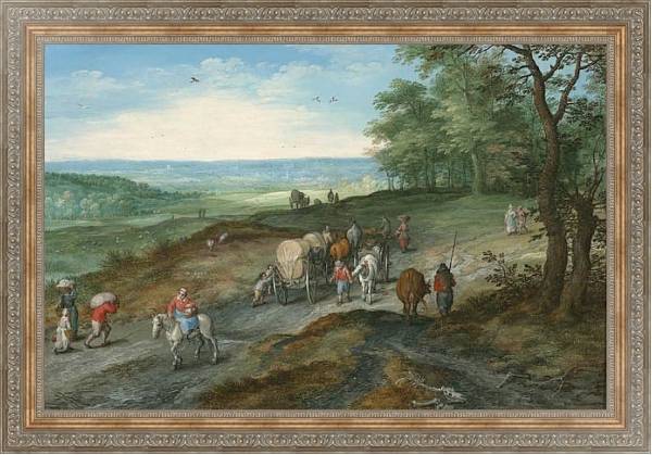 Постер Панорамный пейзаж с крытой телегой и путниками с типом исполнения На холсте в раме в багетной раме 484.M48.310
