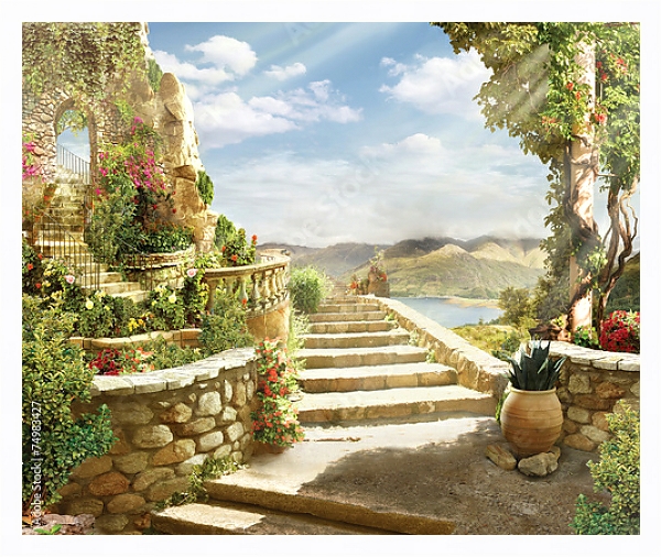 Постер Итальянский средиземноморский пейзаж №4 с типом исполнения На холсте в раме в багетной раме 221-03