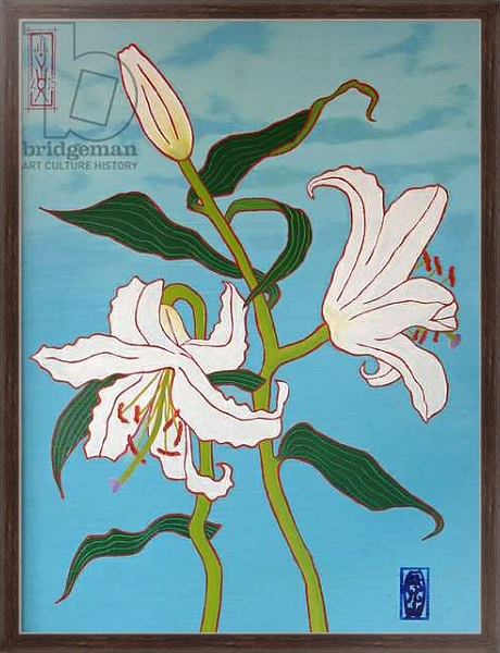 Постер White lily on a blue background, 2010, oil on wood с типом исполнения На холсте в раме в багетной раме 221-02