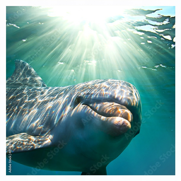 Постер Дельфин под водой с солнечными лучами с типом исполнения На холсте в раме в багетной раме 221-03