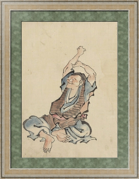 Постер A man, facing left, wearing several layers of clothing, sitting with arms raised over his head, practicing yoga с типом исполнения Акварель в раме в багетной раме 485.M40.584