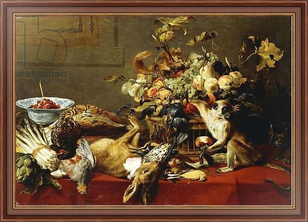 Постер A Basket of Fruit on a Draped Table with Dead Game and a Monkey, с типом исполнения На холсте в раме в багетной раме 35-M719P-83