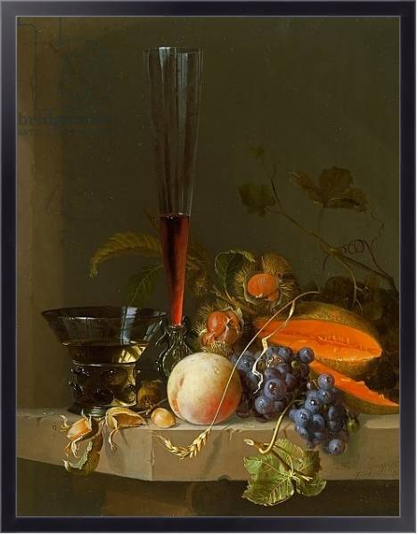 Постер Still life of fruit on a ledge with a roemer and a wine glass с типом исполнения На холсте в раме в багетной раме 221-01