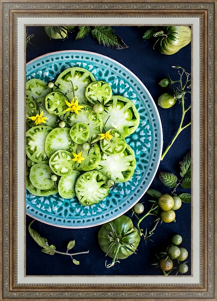 Постер Тарелка зеленых томатов с типом исполнения На холсте в раме в багетной раме 595.M52.330