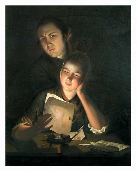 Постер A Girl reading a letter by Candlelight, with a Young Man peering over her shoulder, c.1760-2 с типом исполнения На холсте в раме в багетной раме 221-03