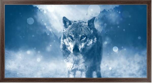 Постер Волк на фоне снежного леса с типом исполнения На холсте в раме в багетной раме 221-02
