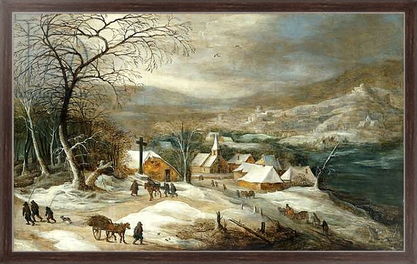 Постер A Winter Landscape, with Figures on a Road by a Village, с типом исполнения На холсте в раме в багетной раме 221-02