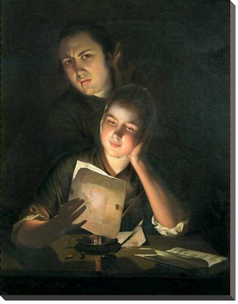 Постер A Girl reading a letter by Candlelight, with a Young Man peering over her shoulder, c.1760-2 с типом исполнения На холсте без рамы