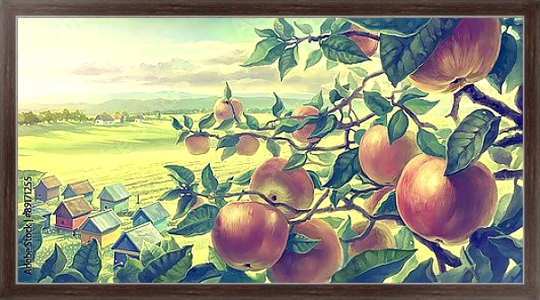 Постер Летний пейзаж и яблоки с типом исполнения На холсте в раме в багетной раме 221-02