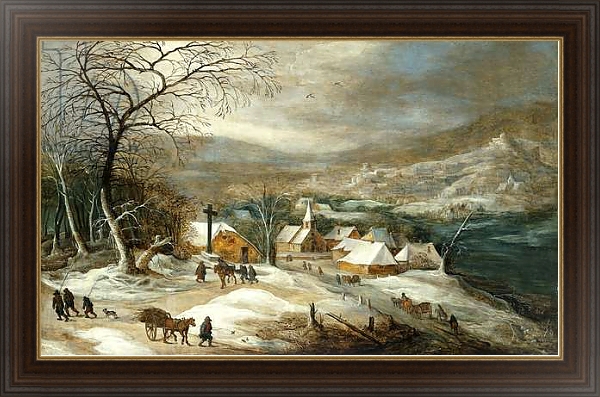 Постер A Winter Landscape, with Figures on a Road by a Village, с типом исполнения На холсте в раме в багетной раме 1.023.151