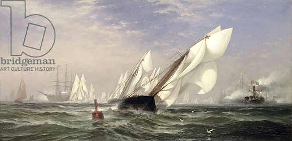 Постер American yacht Sappho winning the race with the English yacht Livonia for the America Cup, 1871 с типом исполнения На холсте без рамы