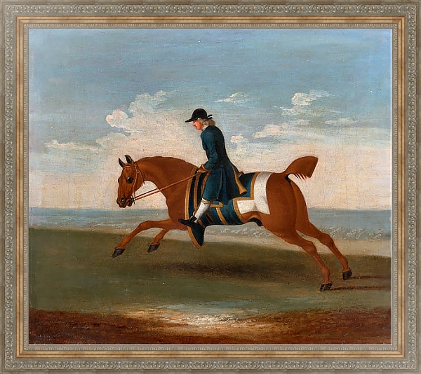 Постер One of Four Portraits of Horses - a Chestnut Racehorse Exercised by a Trainer in a Blue Coat 1730 с типом исполнения На холсте в раме в багетной раме 484.M48.310