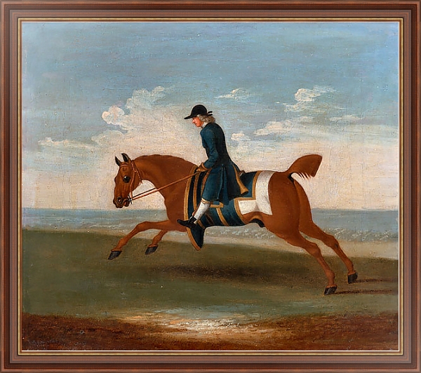 Постер One of Four Portraits of Horses - a Chestnut Racehorse Exercised by a Trainer in a Blue Coat 1730 с типом исполнения На холсте в раме в багетной раме 35-M719P-83