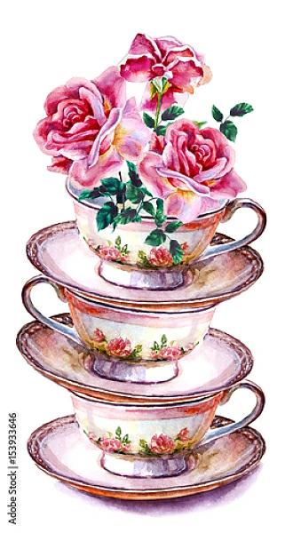 Постер Чашки чая и блюдца с цветами розы с типом исполнения На холсте без рамы
