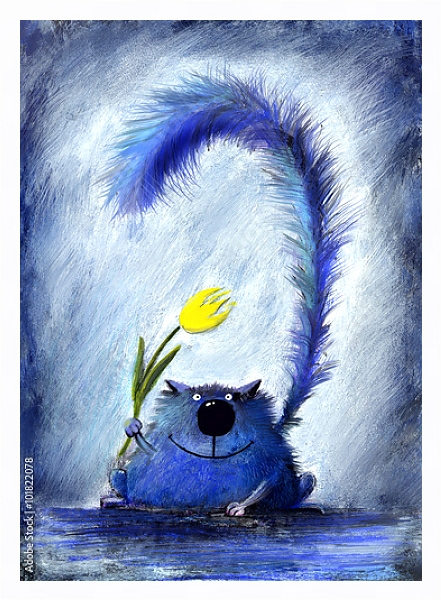 Постер Синий кот с желтым тюльпаном с типом исполнения На холсте в раме в багетной раме 221-03