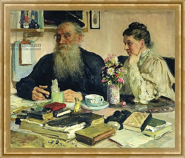 Постер Leo Tolstoy with his wife in Yasnaya Polyana, 1907 с типом исполнения На холсте в раме в багетной раме NA033.1.051